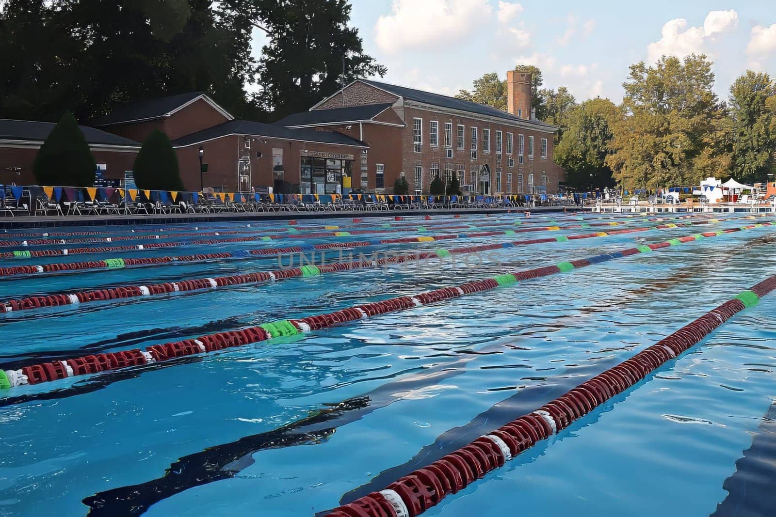 A spacious outdoor swimming pool features several lanes marked with colorful buoys under a clear blue sky, surrounded by trees.
