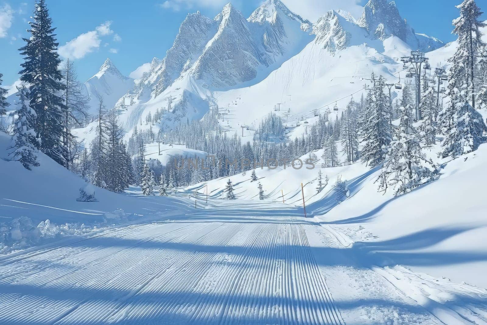 A beautiful winter landscape shows a groomed ski trail winding through snow-covered mountains under a bright sky.