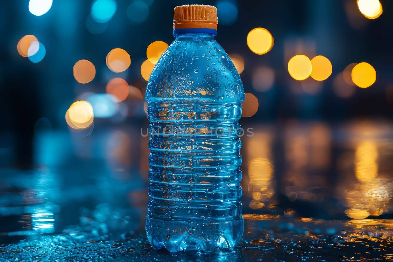 A clear water bottle with condensation stands on a reflective wet surface at night, surrounded by colorful blurred lights.