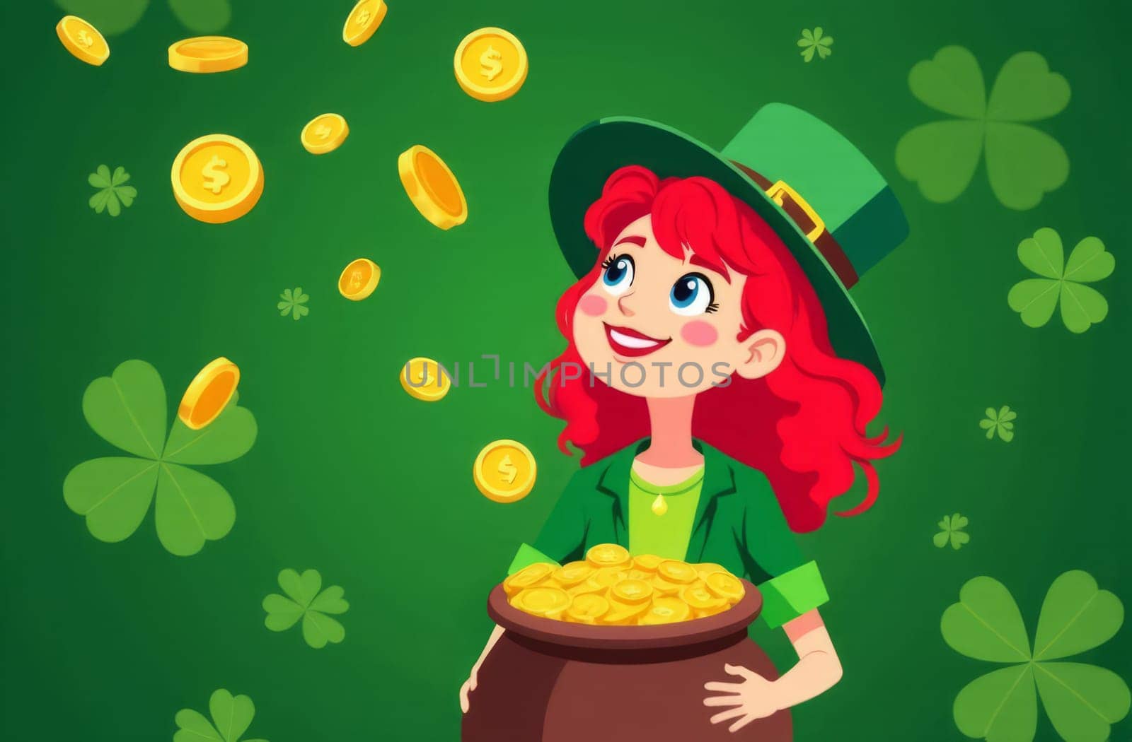 A girl in Leprechaun costume with pot gold. Green hat. Saint Patricks Day. Irish Traditions.