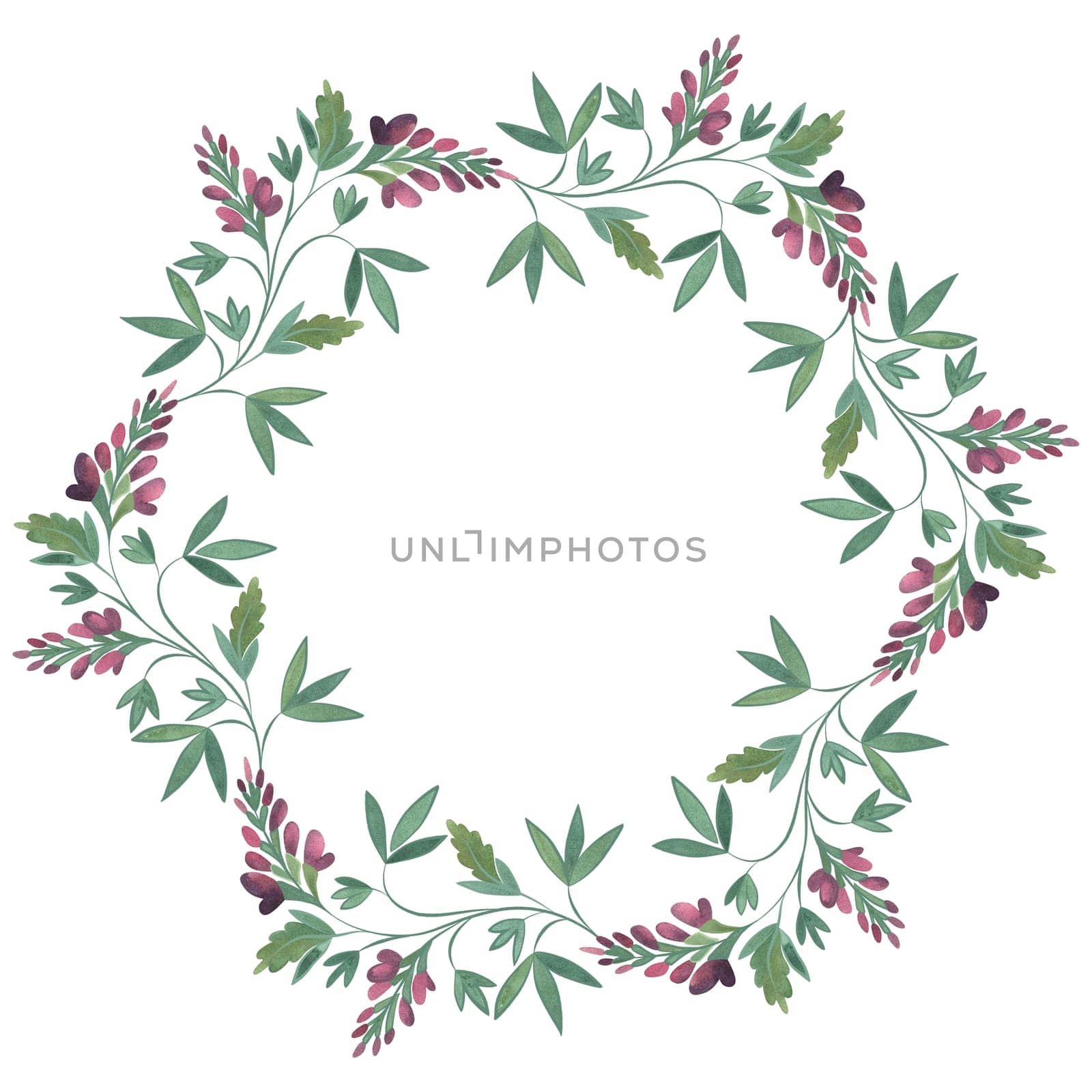 Round wreath of wild herbs, flowers and leaves. Decor for graphic design, printing and packaging. Isolated hand-drawn watercolor illustration