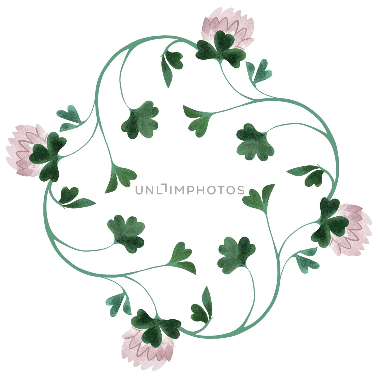 Wreath of wild clover and shamrocks. Decor for graphic design, printing and packaging. Isolated hand-drawn watercolor illustration