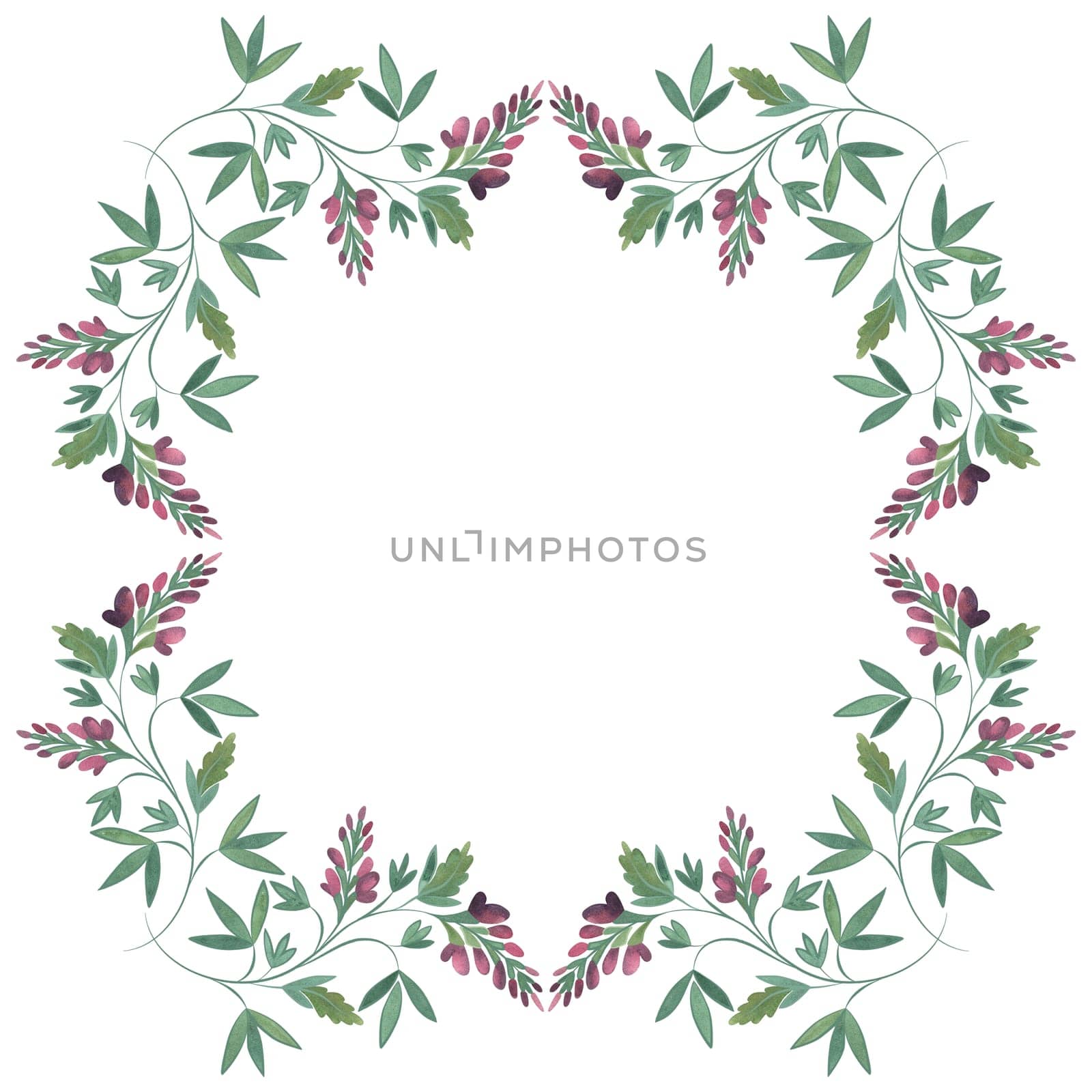 Square frame of wild herbs, flowers and leaves. Decor for graphic design, printing and packaging. Isolated hand-drawn watercolor illustration