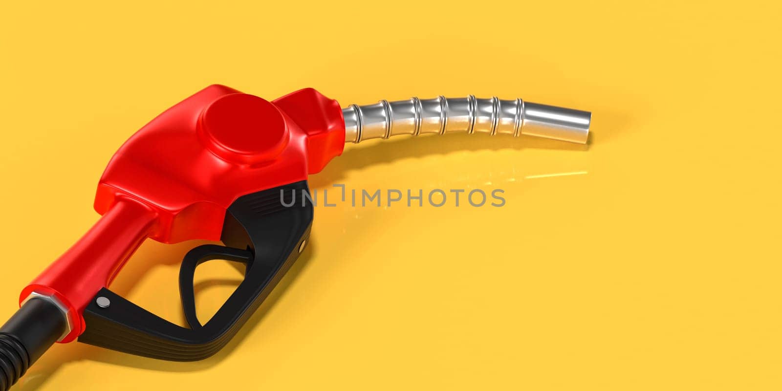 Fueling gasoline web banner with red realistic device for filling the car with petrol 3d illustration of fuel nozzle gun, landing page template on yellow background