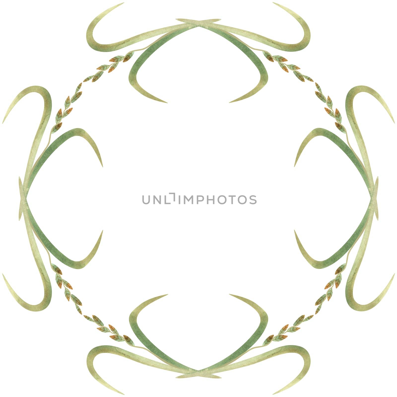 Wreath of wild grasses, cereals, ears and leaves. Decor for graphic design, printing and packaging. Isolated hand-drawn watercolor illustration.