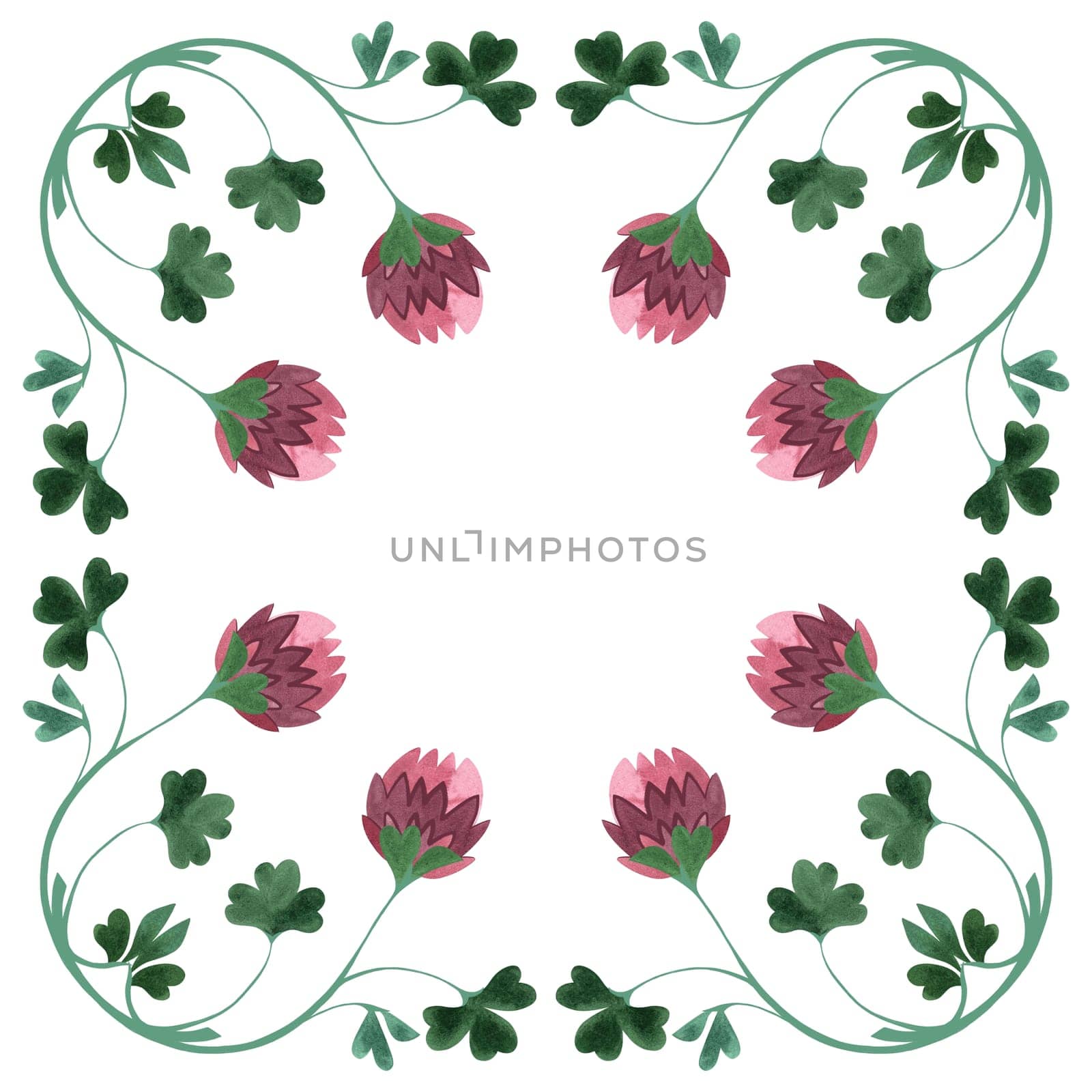 Square frame of wild clover and shamrocks. Decor for graphic design, printing and packaging. Isolated hand-drawn watercolor illustration