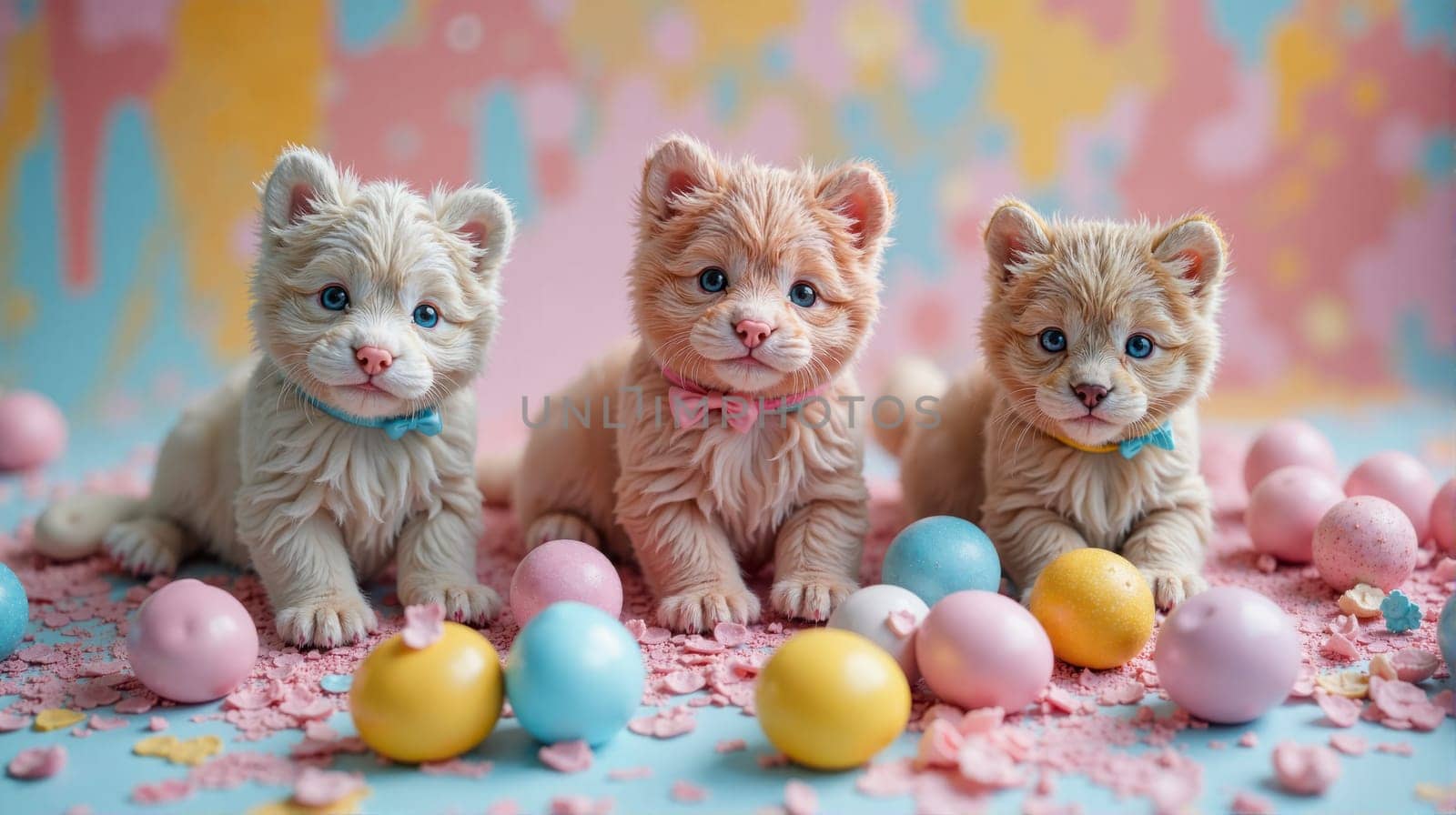 Three kittens are sitting on a pink and yellow background with a pile of eggs in front of them