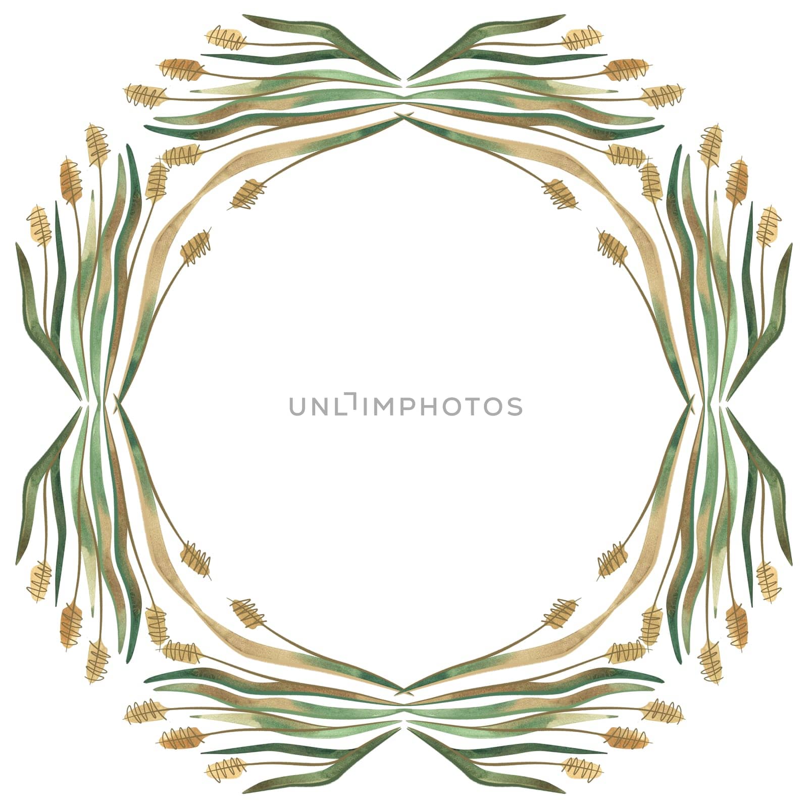 Wreath of wild grasses, cereals, ears and leaves. Decor for graphic design, printing and packaging. Isolated hand-drawn watercolor illustration
