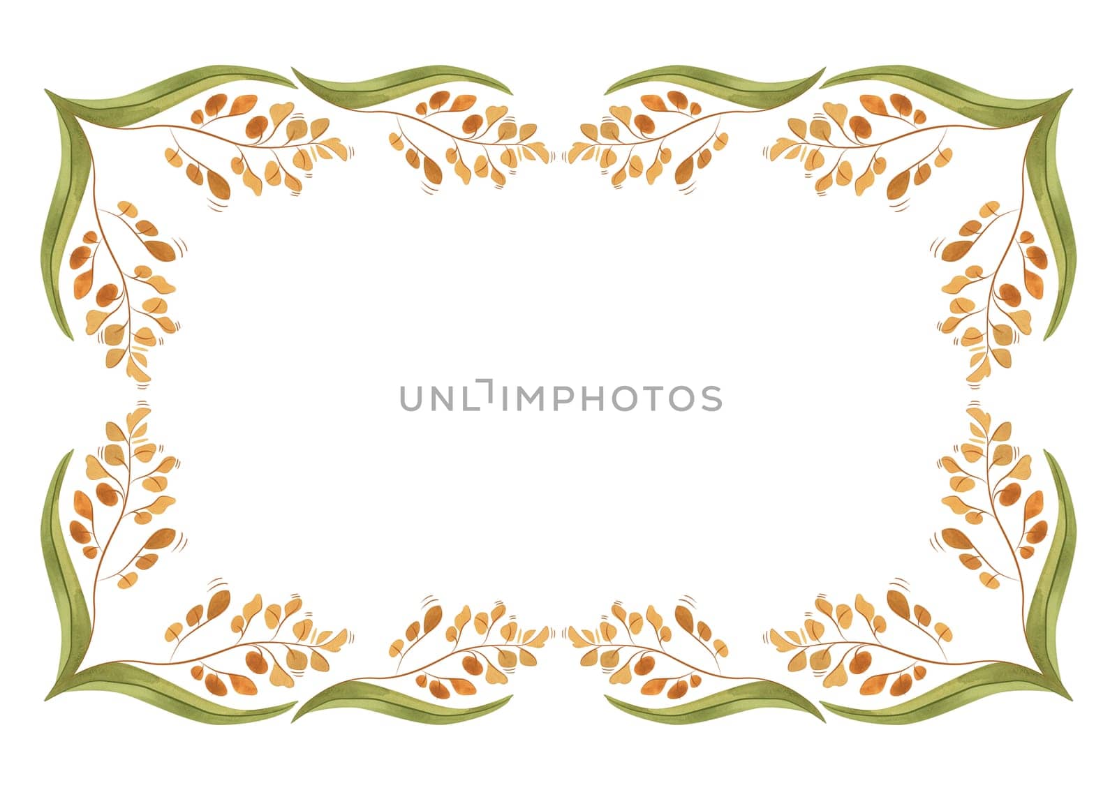 Rectangular frame of field grasses, cereals, ears and leaves. Decor for graphic design, printing and packaging. Isolated hand-drawn watercolor illustration