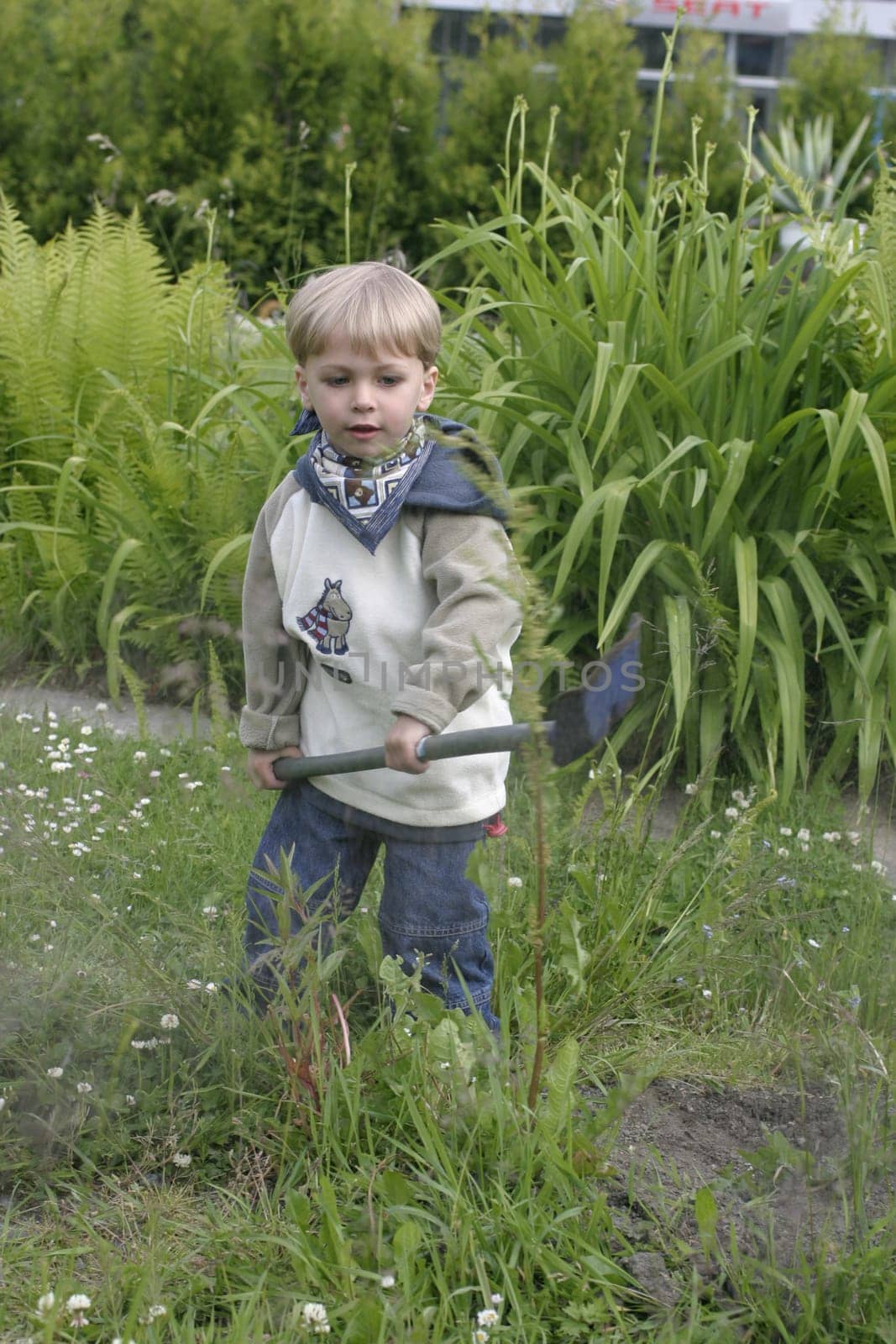 Boy playing in the garden with a shovel