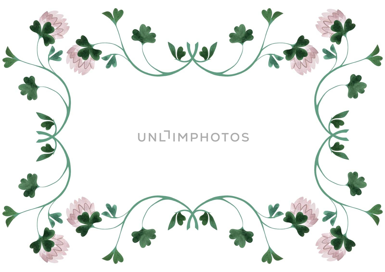 Rectangular frame of wild clover and shamrocks. Decor for graphic design, printing and packaging. Isolated hand-drawn watercolor illustration
