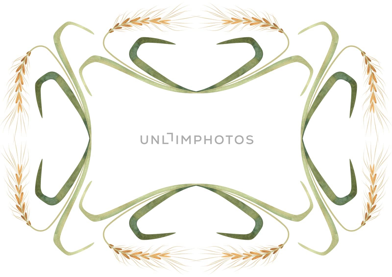 Rectangular frame of field grasses, cereals, ears and leaves. Decor for graphic design, printing and packaging. Isolated hand-drawn watercolor illustration