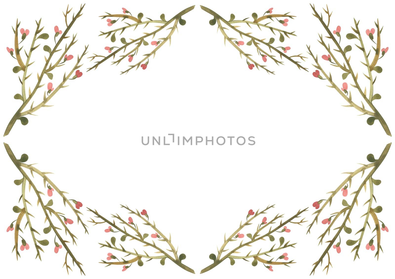 Rectangular frame made of camel thorn. Decor for graphic design, printing and packaging. Isolated hand-drawn watercolor illustration