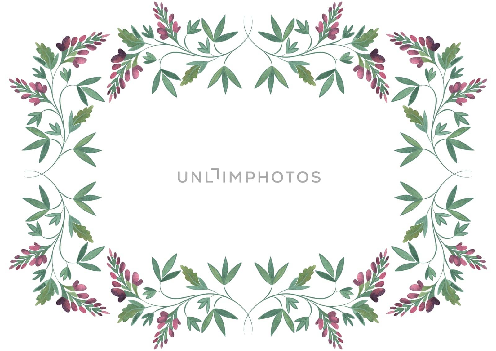 Rectangular frame of wild herbs, flowers and leaves. Decor for graphic design, printing and packaging. Isolated hand-drawn watercolor illustration