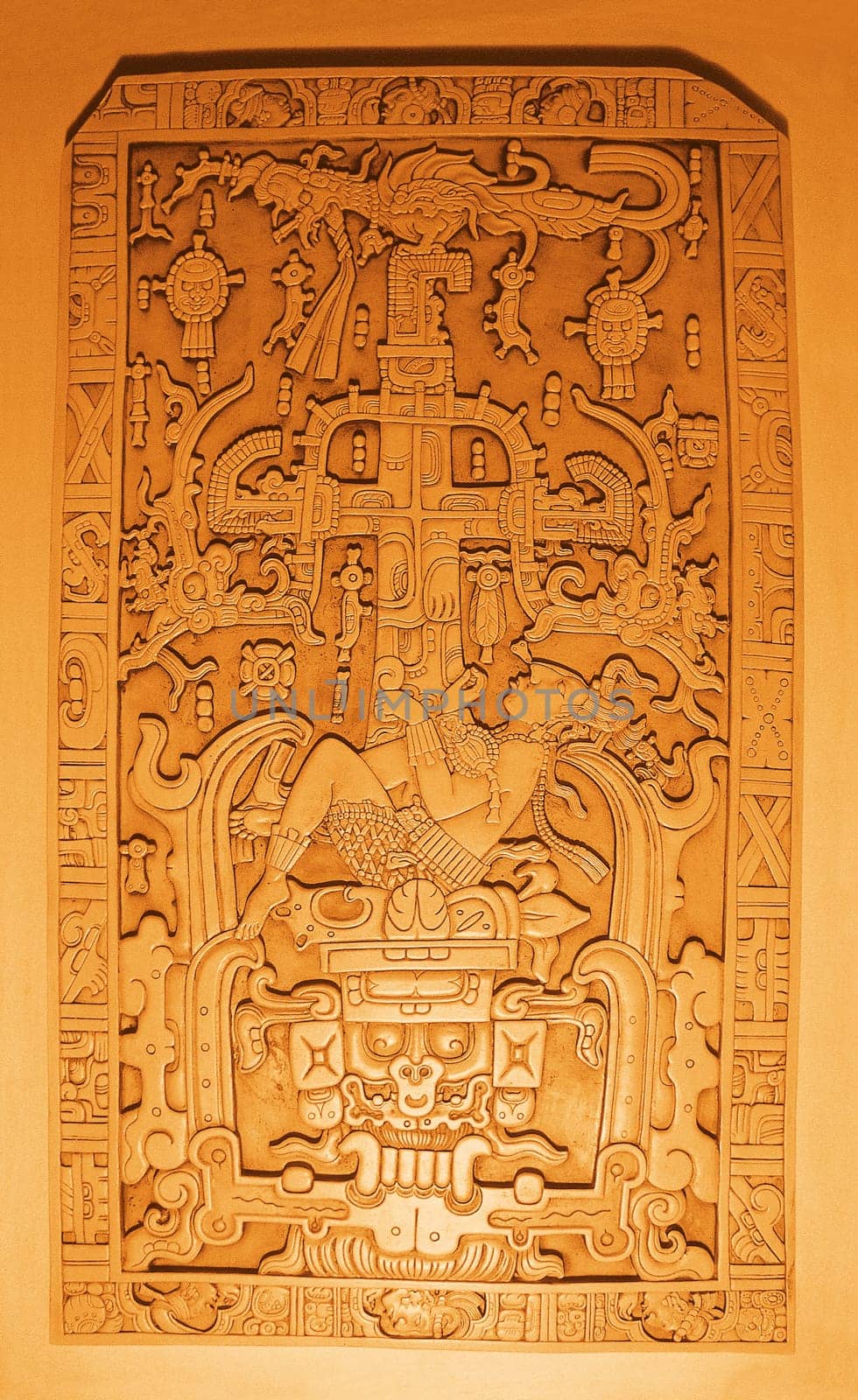 Probably the most impressive Mayan relief that has been discovered so far. It shows the ruler Pacal ascending from the underworld to the upper world! The original dimensions are 3.8m x 2.2m x 0.25m. The weight is several tons.