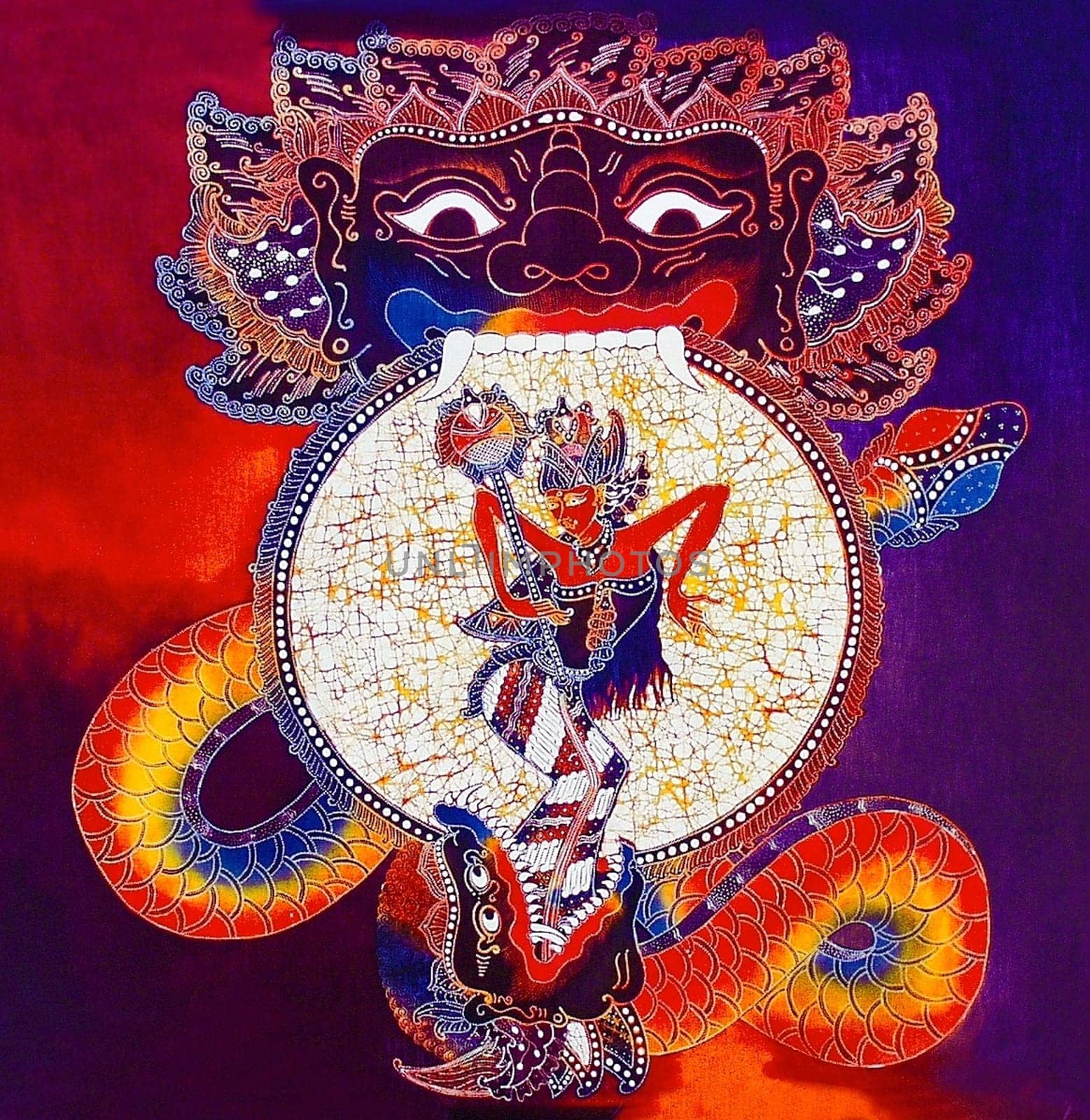 Hand-painted batik work from Indonesia,it depicts the god Shiva in battle with the dragon.