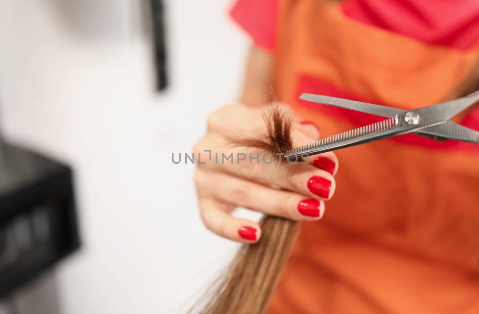 Hand of aster hairdresser holds split ends and scissors. haircut for long hair concept