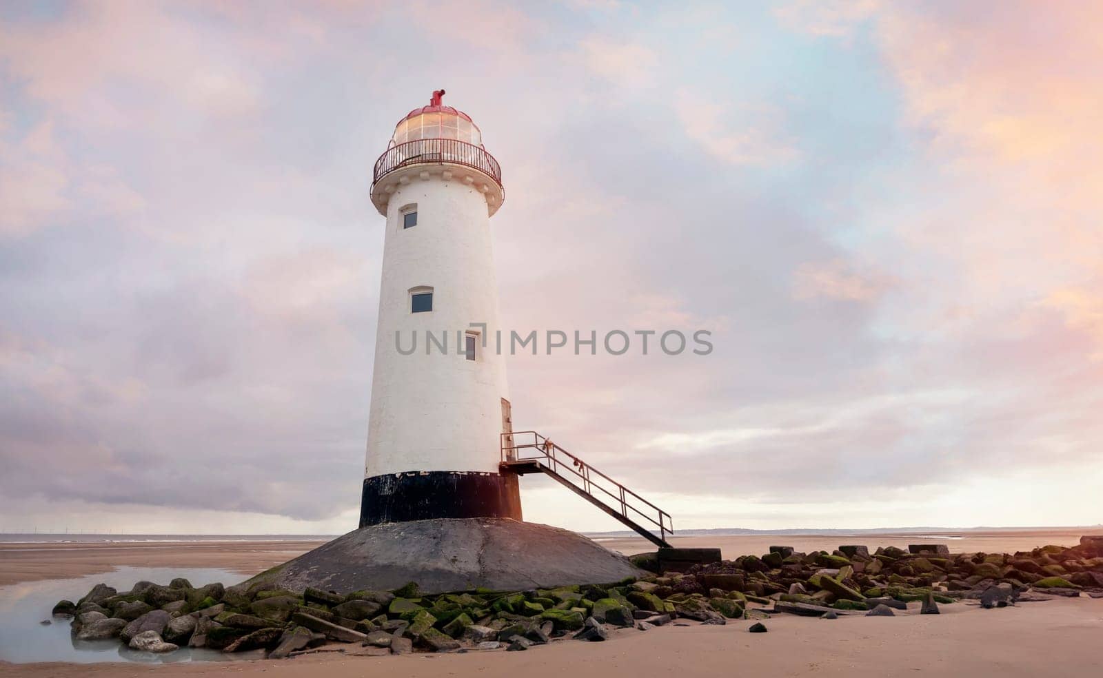 view of a lighthouse standing at the coast of Wales the North Sea at sinrise, United Kingdom by Iryna_Melnyk