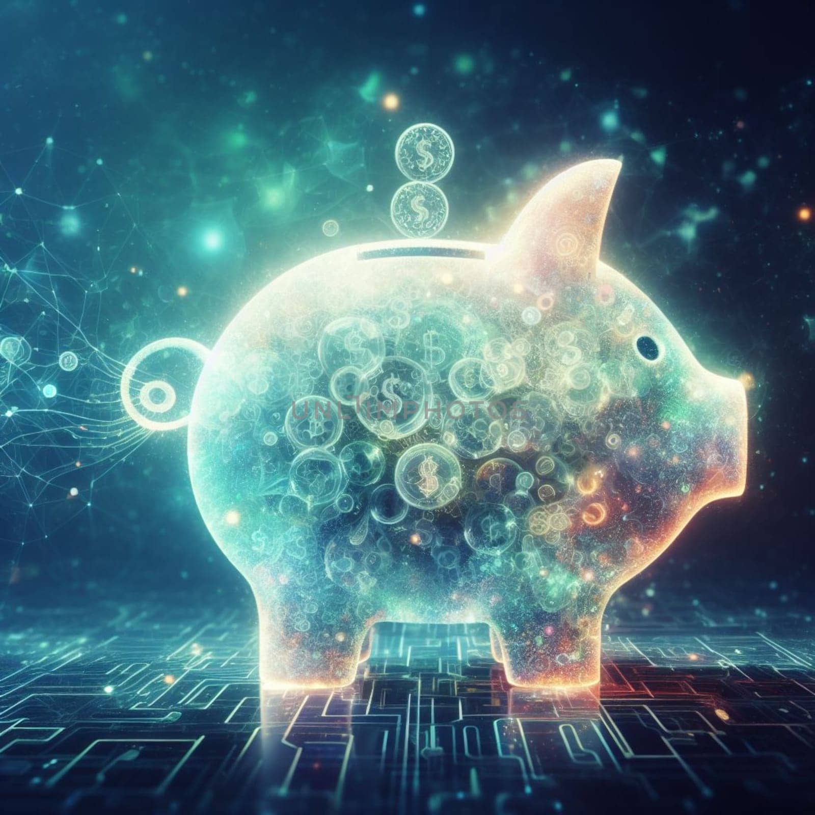 glowing neural virtual digital piggy bank for crypto digital currency and cbdc - digital money concept ai generated art