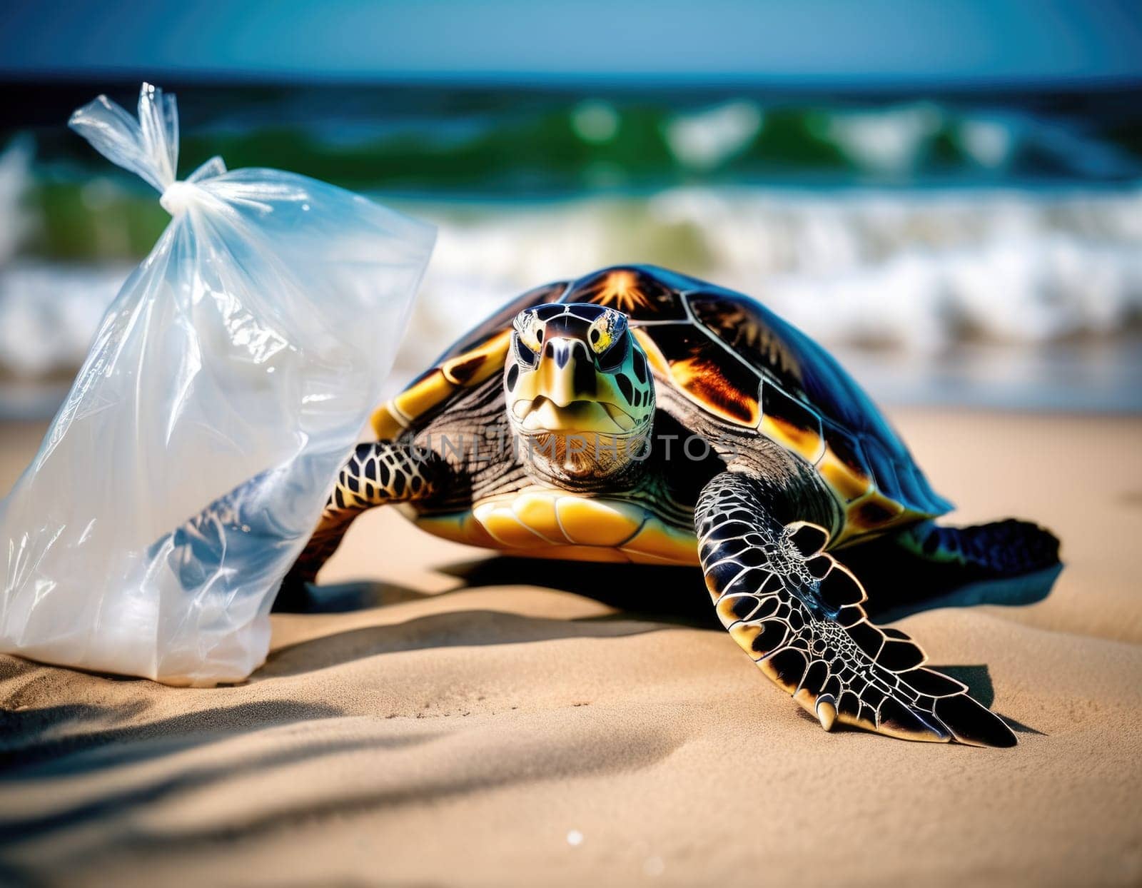 Turtle with plastic trash. Natural environmental disaster. AI illustration