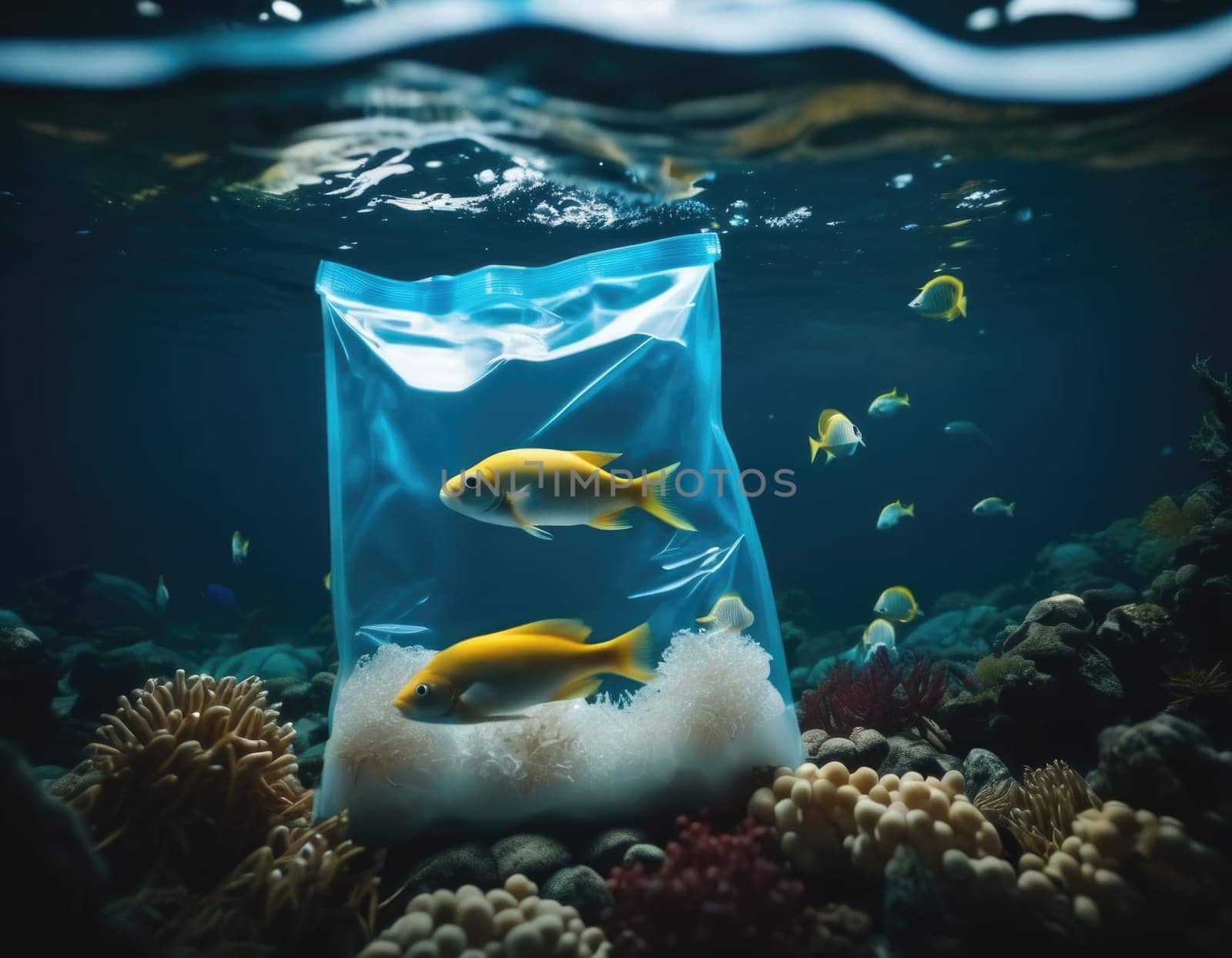 Illustration of a fish in a polluted ocean. AI image.
