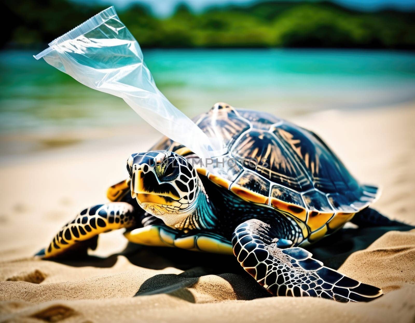 Turtle with plastic trash. Natural environmental disaster. AI illustration