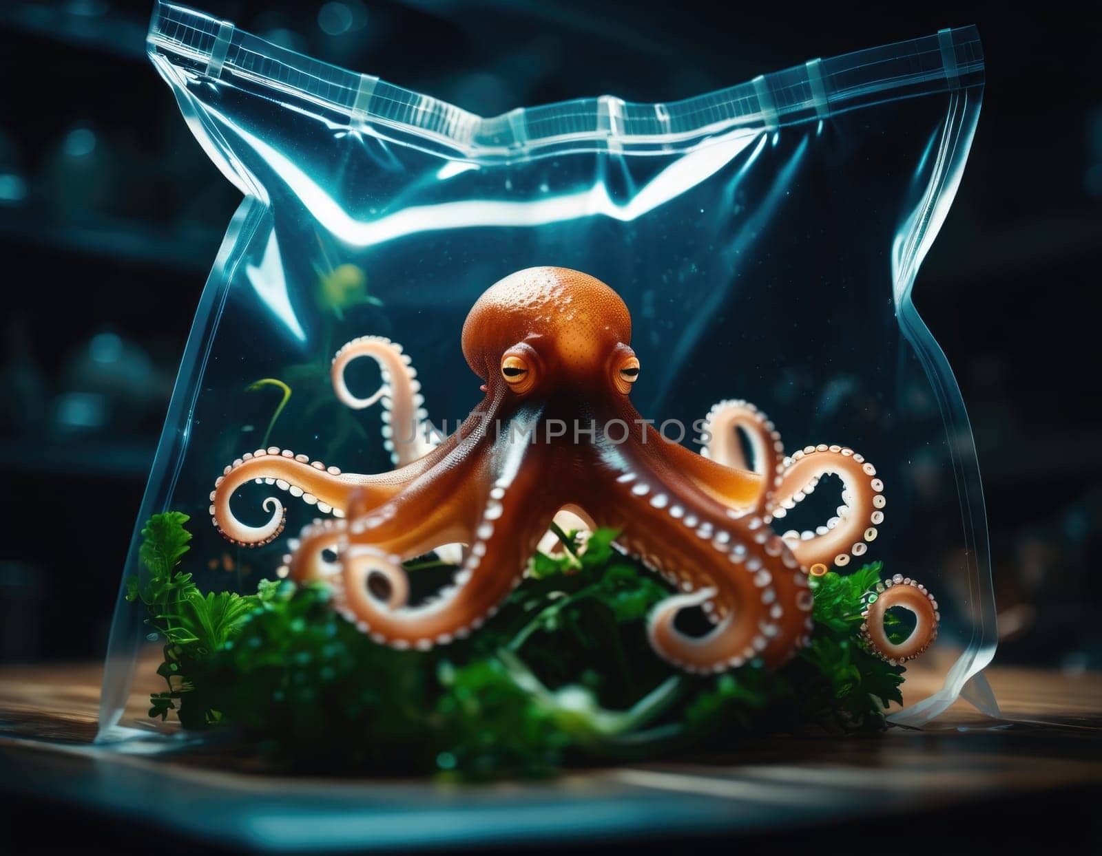 Octopus in a plastic bag. Natural environmental disaster. AI illustration
