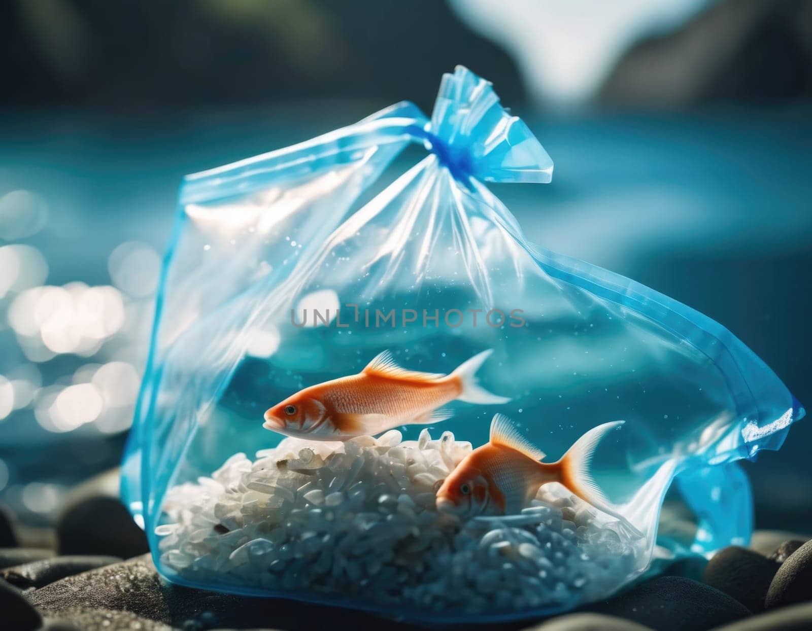 Illustration of a fish in a polluted ocean. AI image.