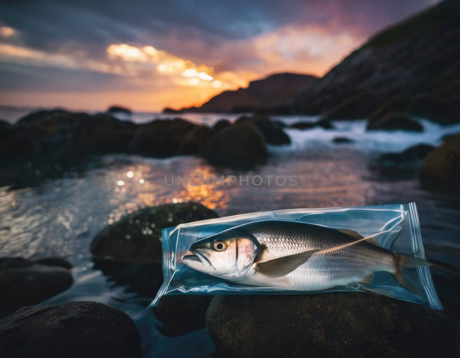 Illustration of a fish in a polluted ocean. AI image.
