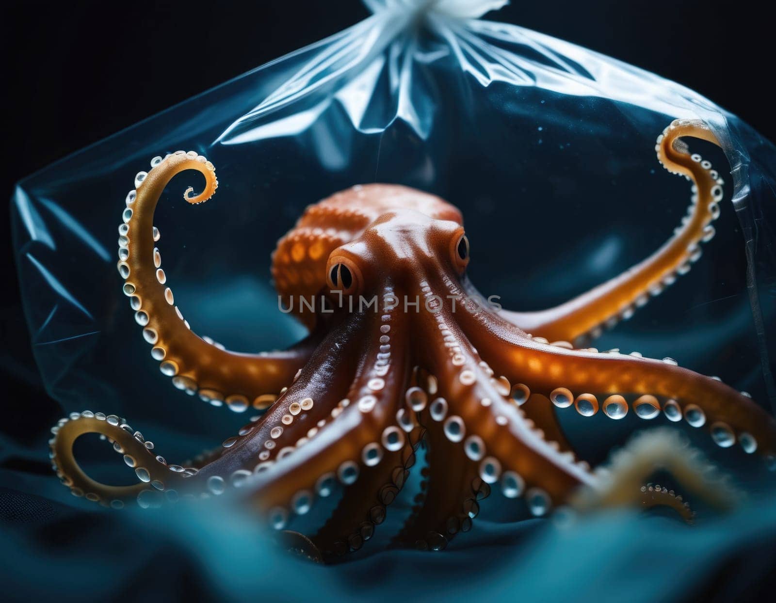 Octopus in a plastic bag. Natural environmental disaster. AI illustration