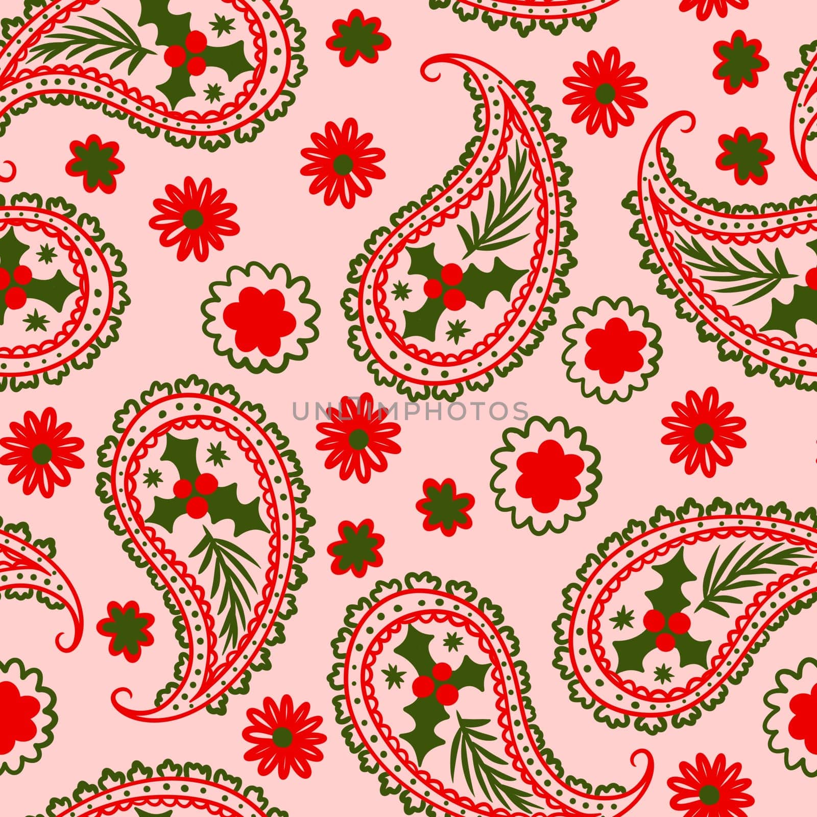 Hand drawn seamless pattern with Christmas winter elements in red green pink, Indian paisley traditional retro vintage holly holiday plant design. Bright colorful print for celebration decoration wrapping paper, merry christmas art. by Lagmar