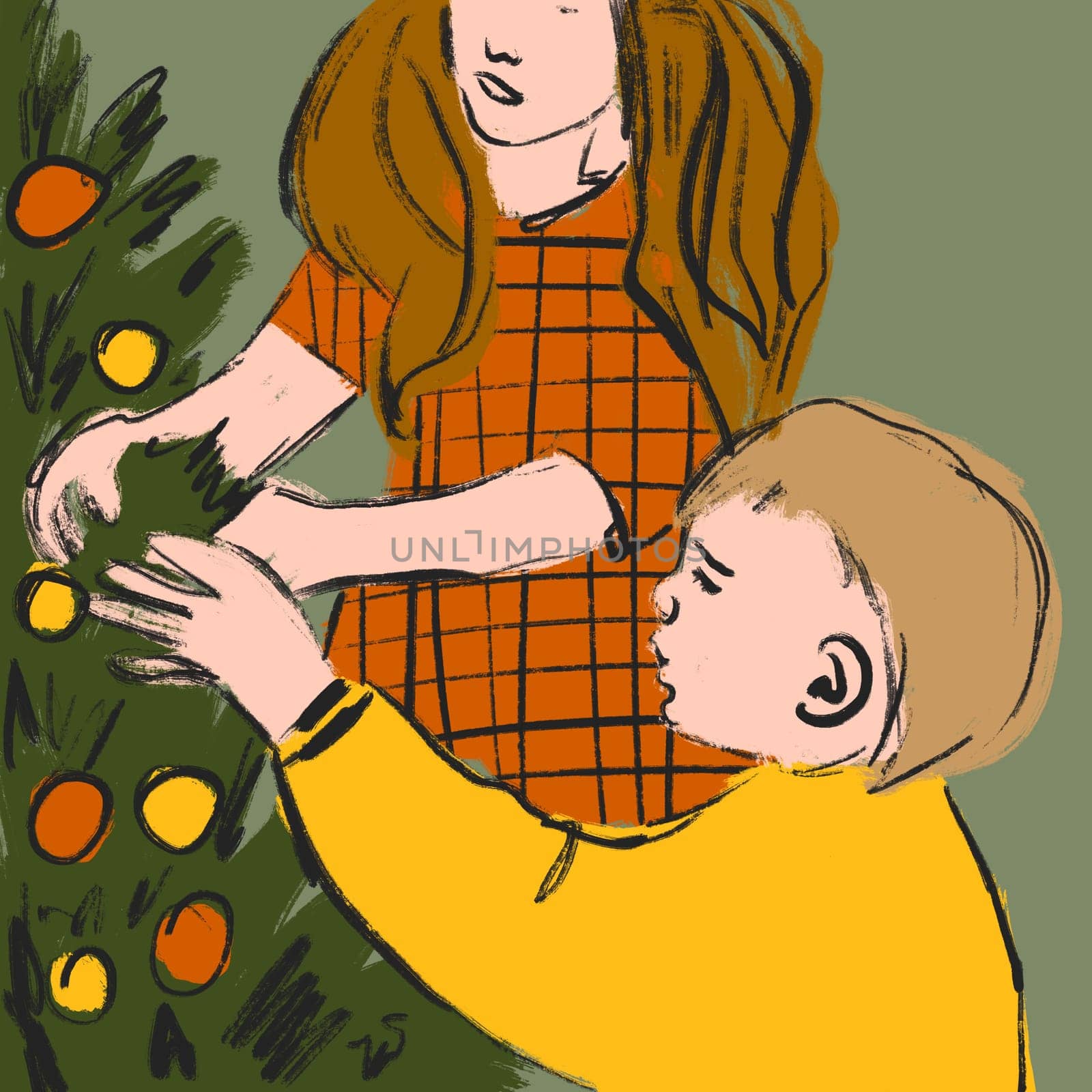 Hand drawn illustration of mother and boy child decorating Christmas tree. Family together on holiday, loved ones, emotional reunion of family members. Modern contemporary sketch style print in yellow green orange colors. Pine tree with baubles decorations, winter festive time