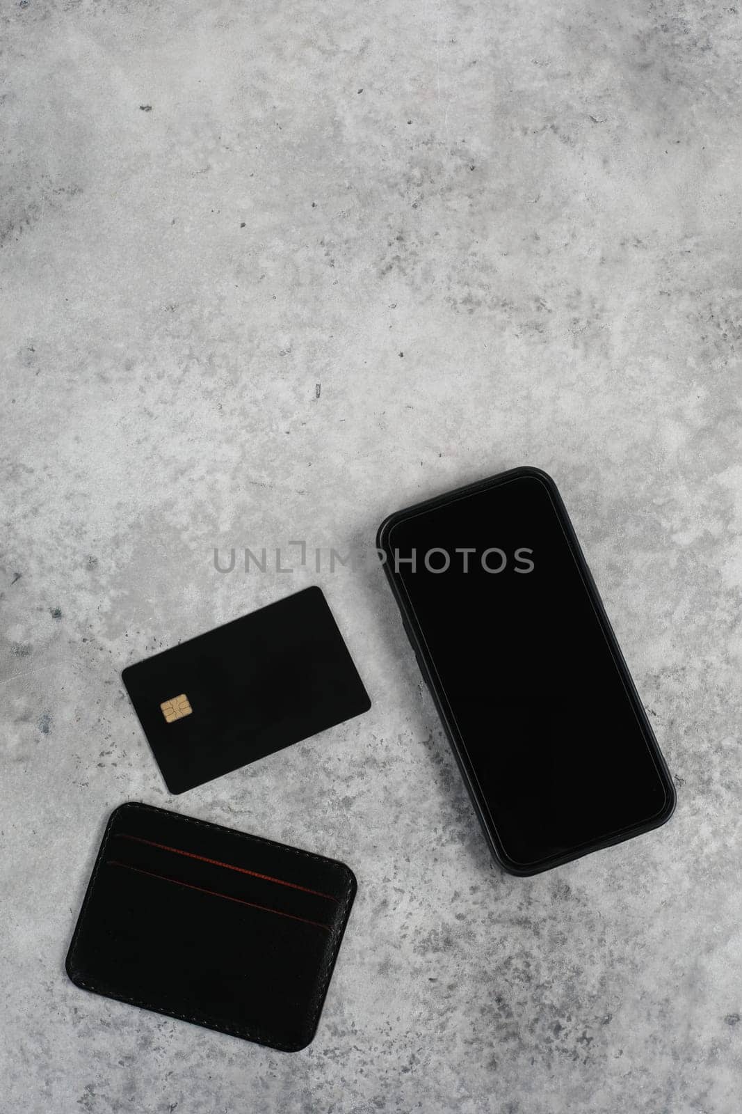 blank screen mobile phone and credit card isolated on gray background, Premium banking concept. Logo design presentation. banner mock up, template, top view, flate lay, Business and technology by paralisart