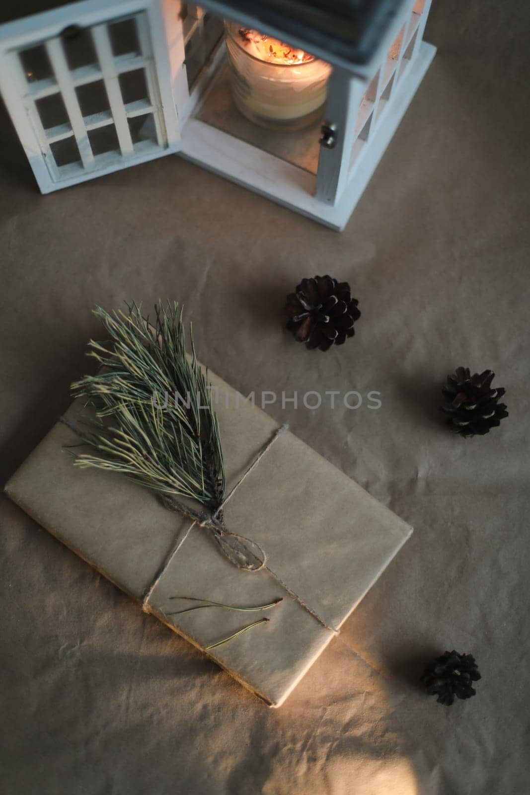 Christmas composition. Gifts, fir tree branches, decorations. Christmas, winter, new year concept. Flat lay, top view, copy space by paralisart