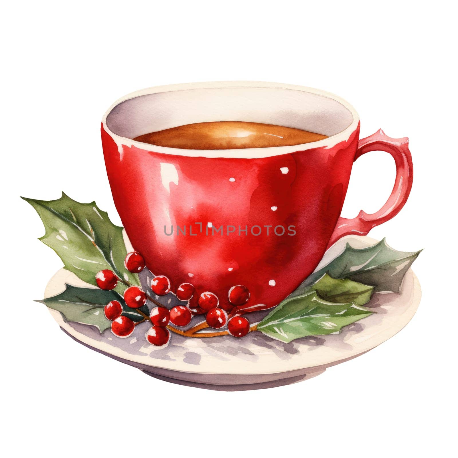 Watercolor Christmas illustration with red cup and winter hot drinks. AI