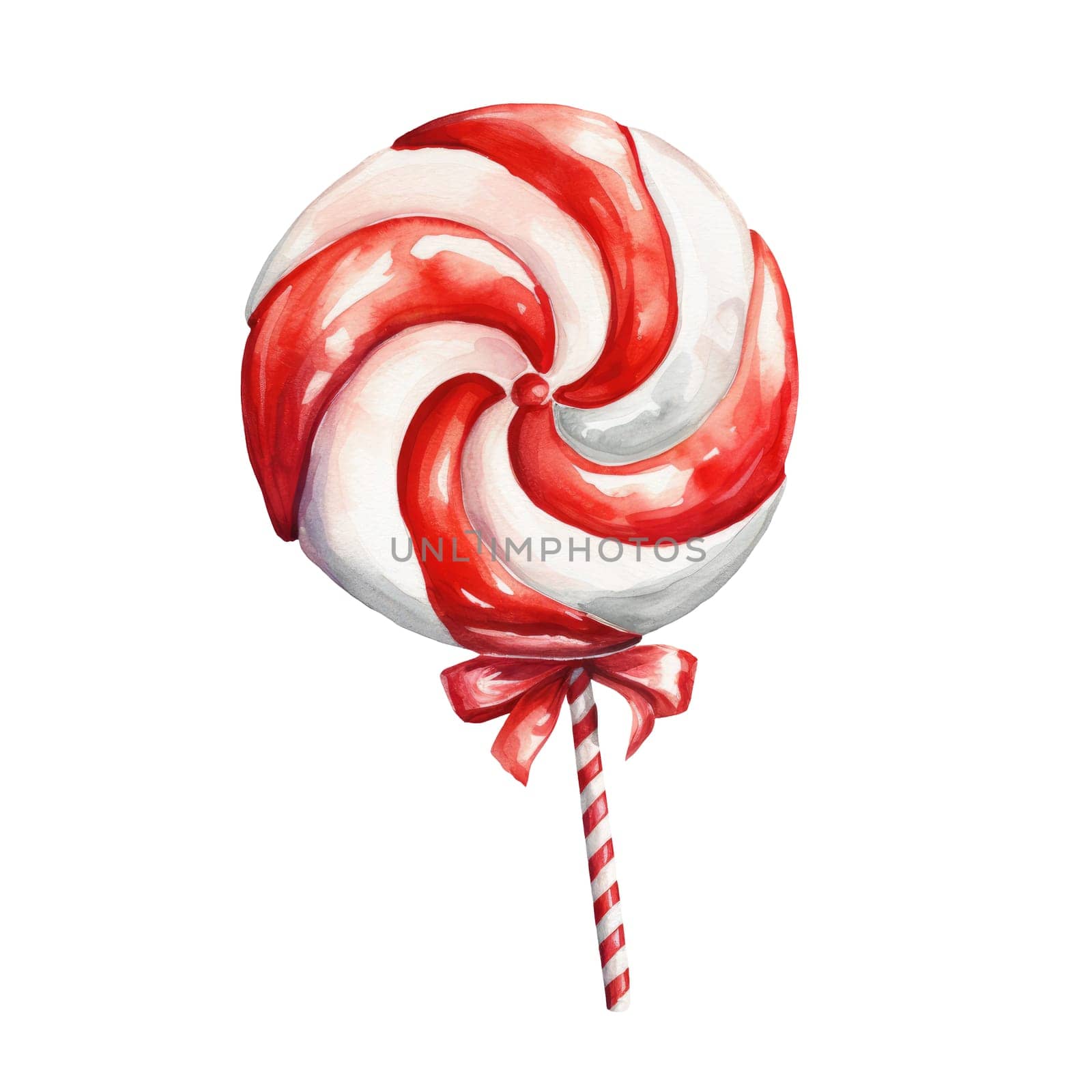 Watercolor christmas red lollipop on white background. AI
