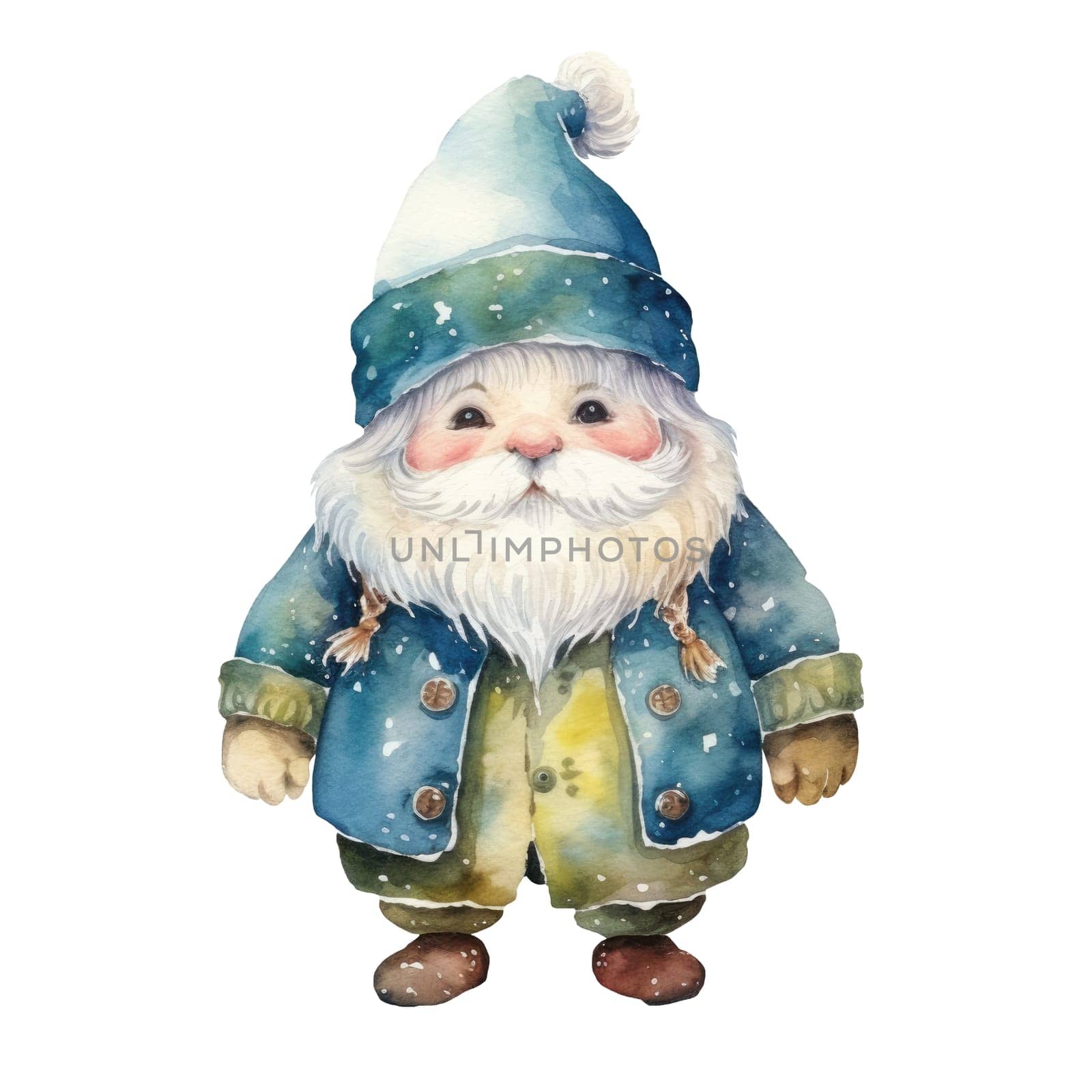 Watercolor snow gnome. Drawing on a white background in cartoon style. AI