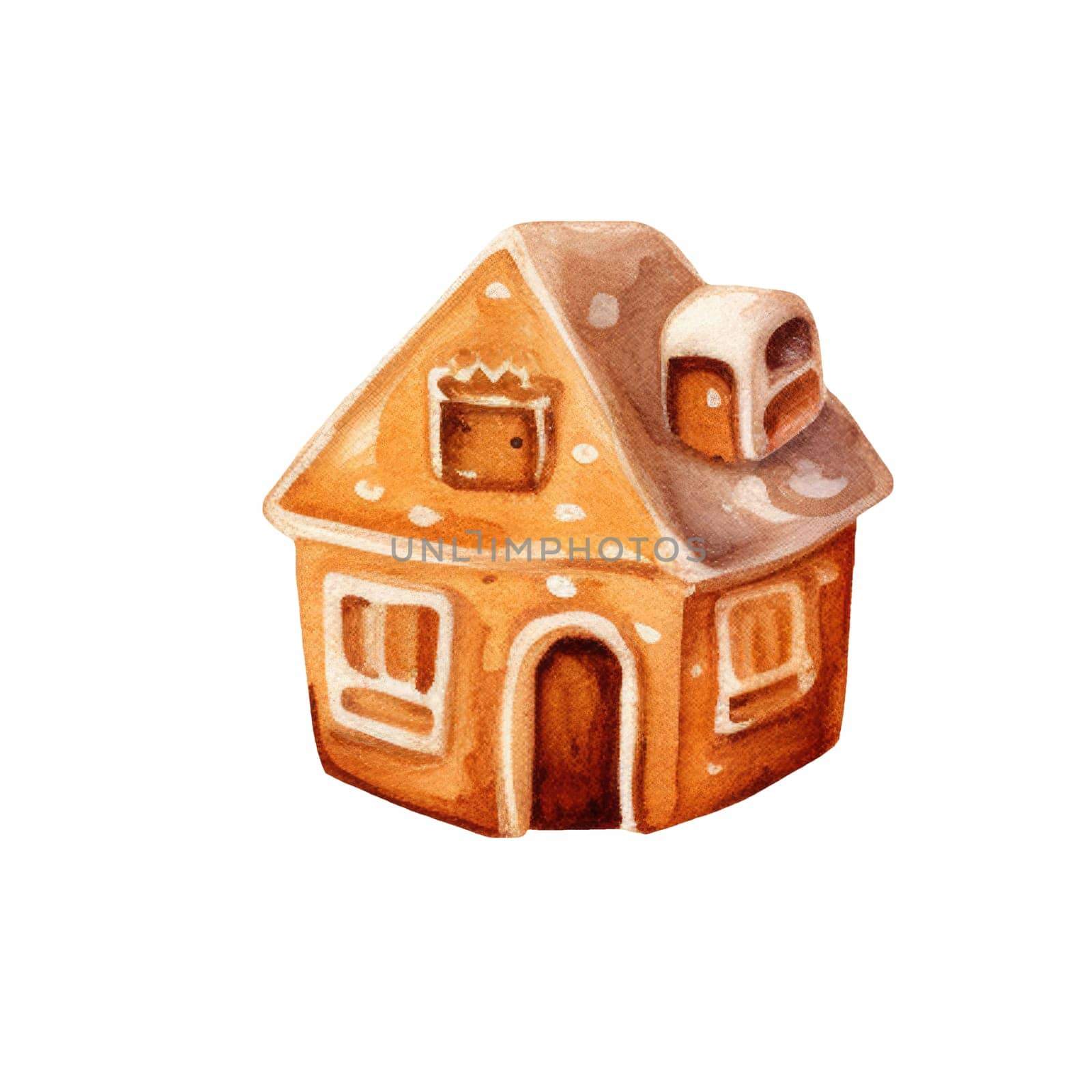 Cute cartoon christmas gingerbread house. Watercolor gingerbread house. AI