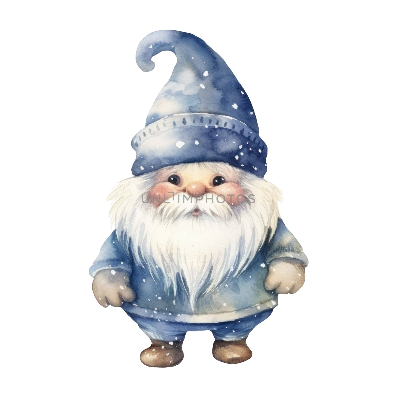 Watercolor snow gnome. Drawing on a white background in cartoon style. AI