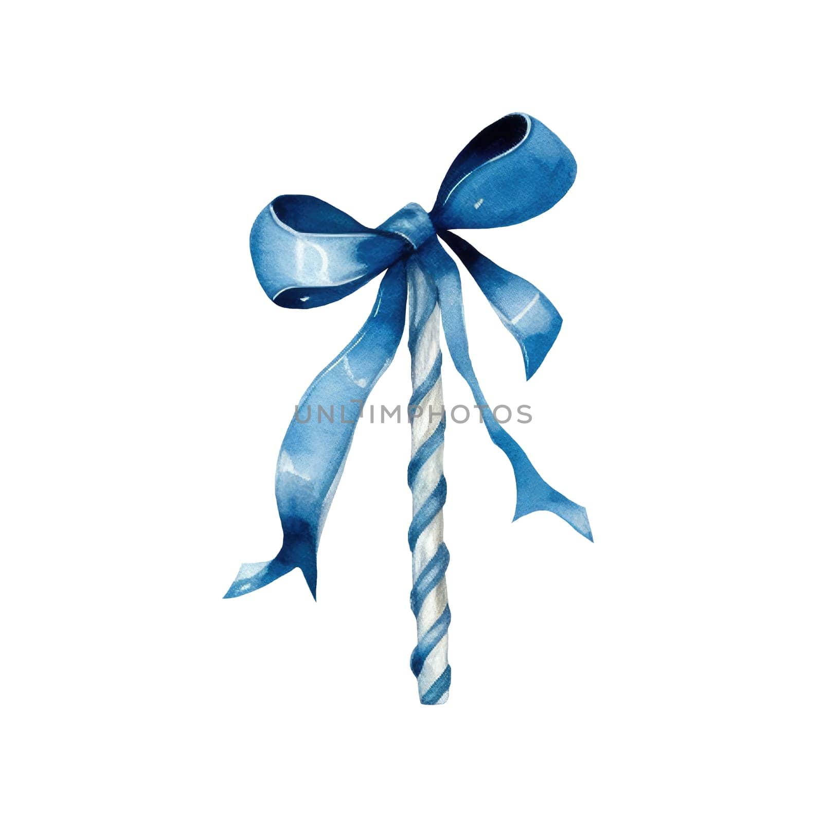 Watercolor christmas blue lollipop and bow on white background. AI