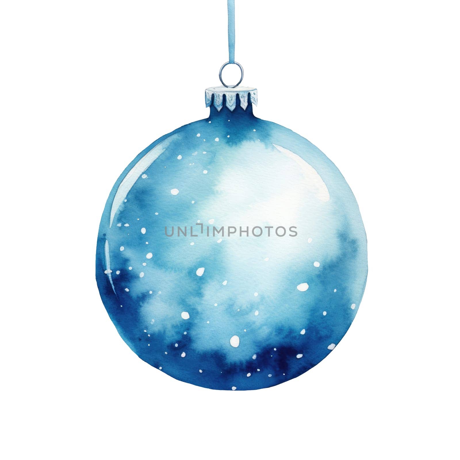 Watercolor Christmas blue ball decoration hand painted illustration isolated on white background. AI