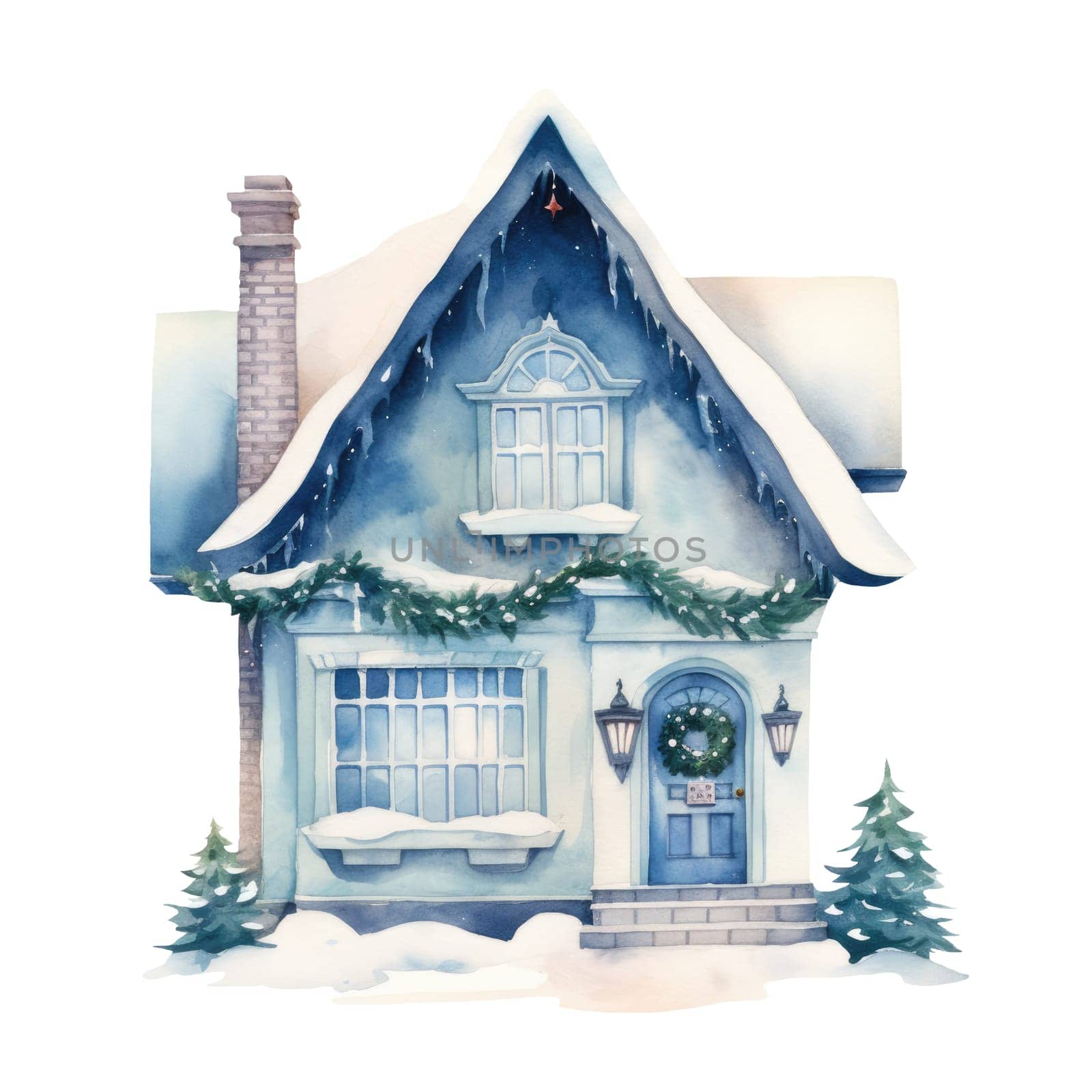 Watercolor christmas blue small house on white background. Winter cottage. Winter landscape. AI