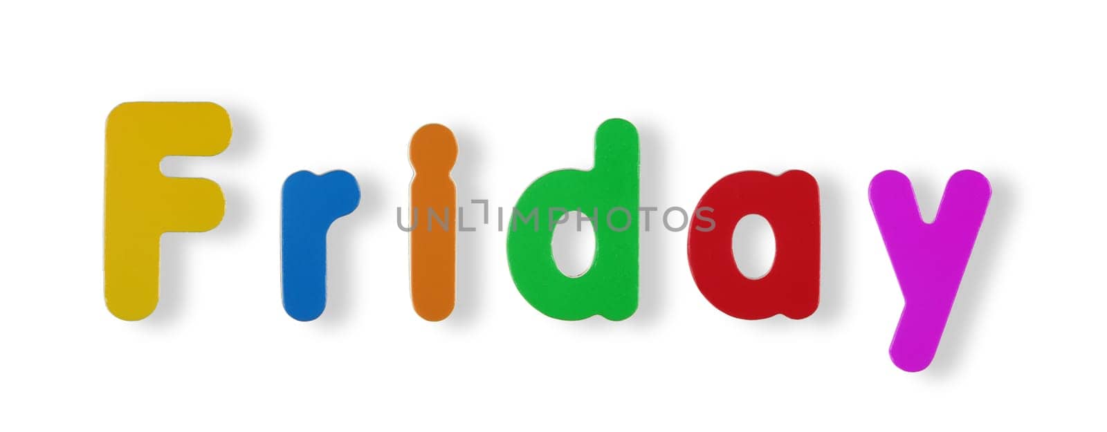 A Friday word in coloured magnetic letters on white with clipping path to remove shadow