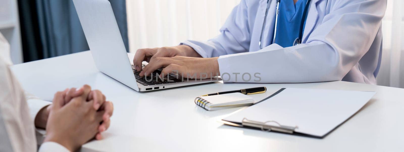Patient attend doctor's appointment at clinic or hospital office, discussing medical treatment options and explaining examination results or medical record about sickness. Panorama Rigid