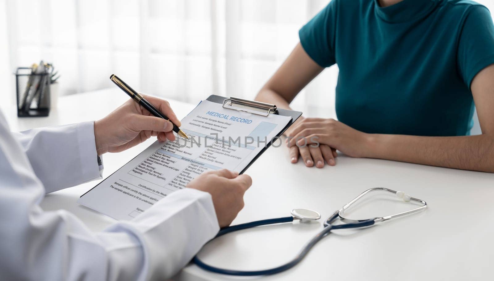 Patient attend doctor's appointment at clinic or hospital office, discussing medical treatment options and explaining examination results or medical record about sickness. Panorama Rigid