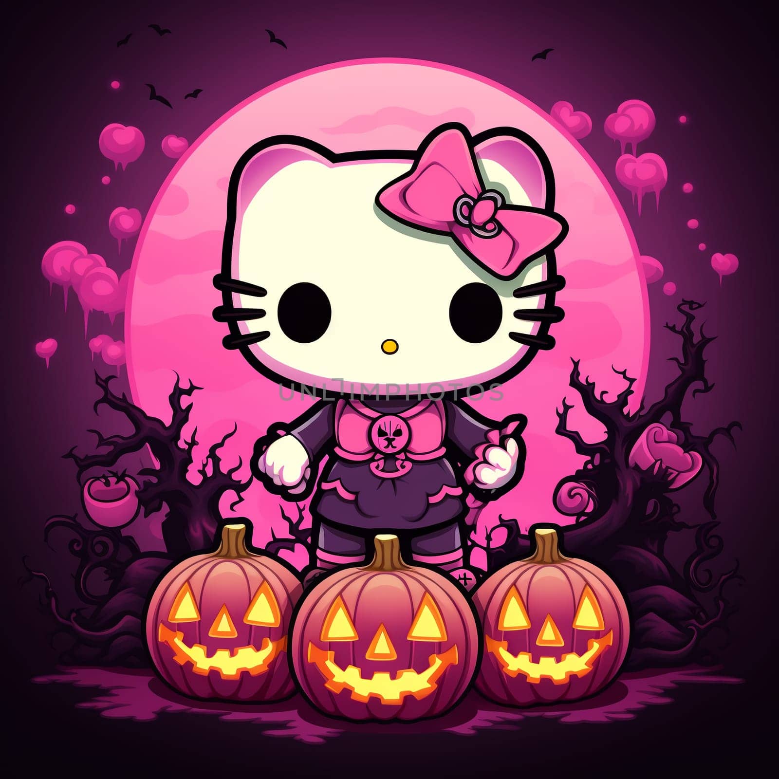 Halloween Spooky Hello Kitty. Cute Hello Kitty Kawaii. AI Generated.