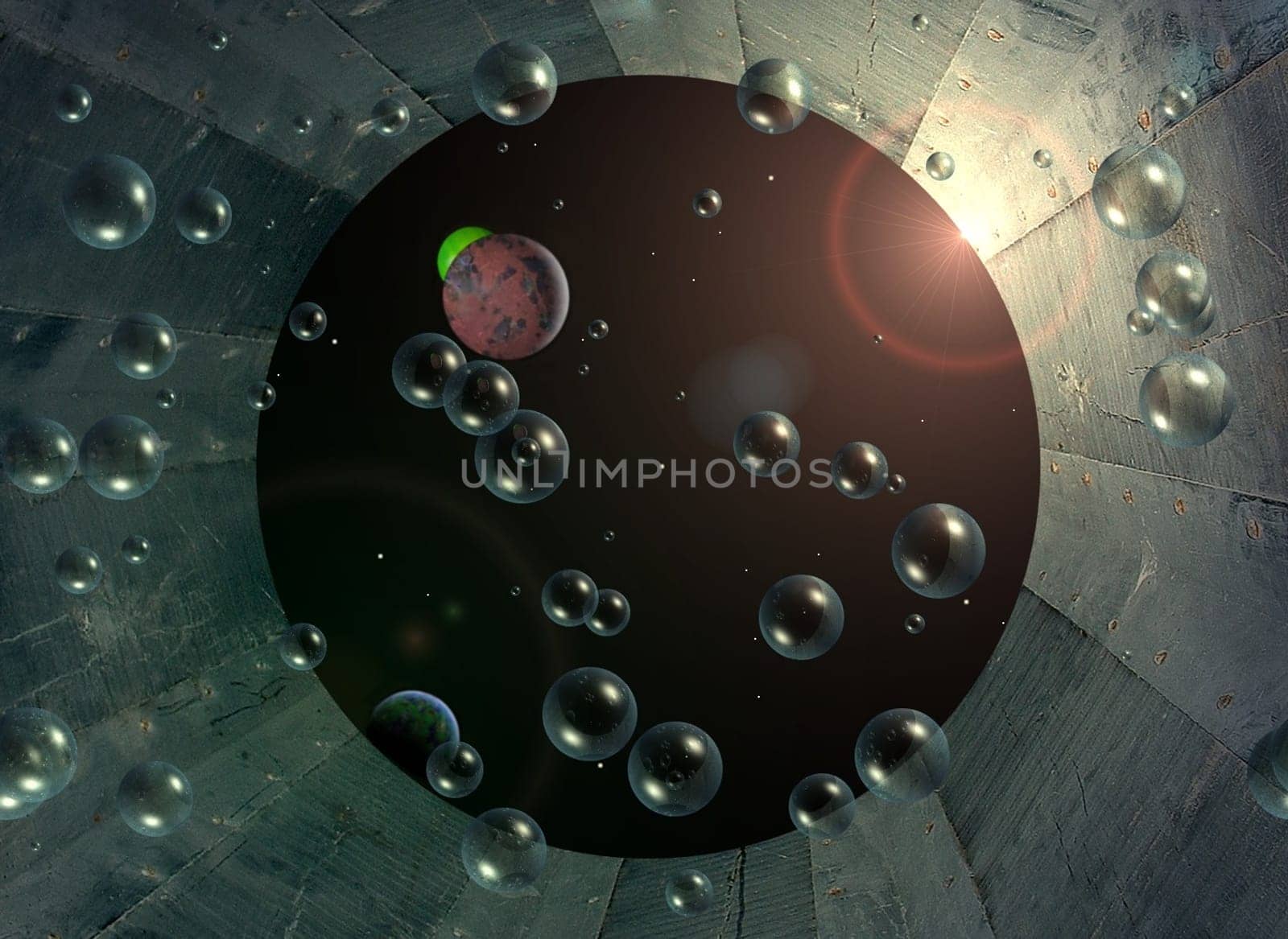 OK... Ab"fluss"" is not quite correct -) Liquids form the spherical shape under weightlessness,since each particle pushes as close as possible to the center (its own center of gravity)."