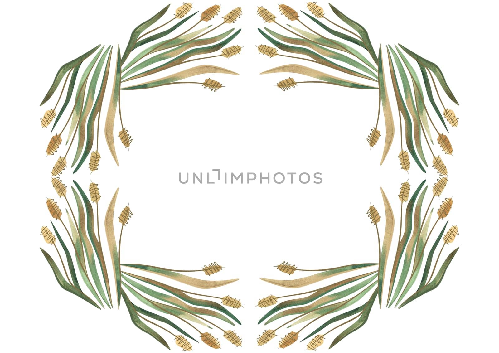 Rectangular frame of field grasses, cereals, ears and leaves. Decor for graphic design, printing and packaging. Isolated hand-drawn watercolor illustration