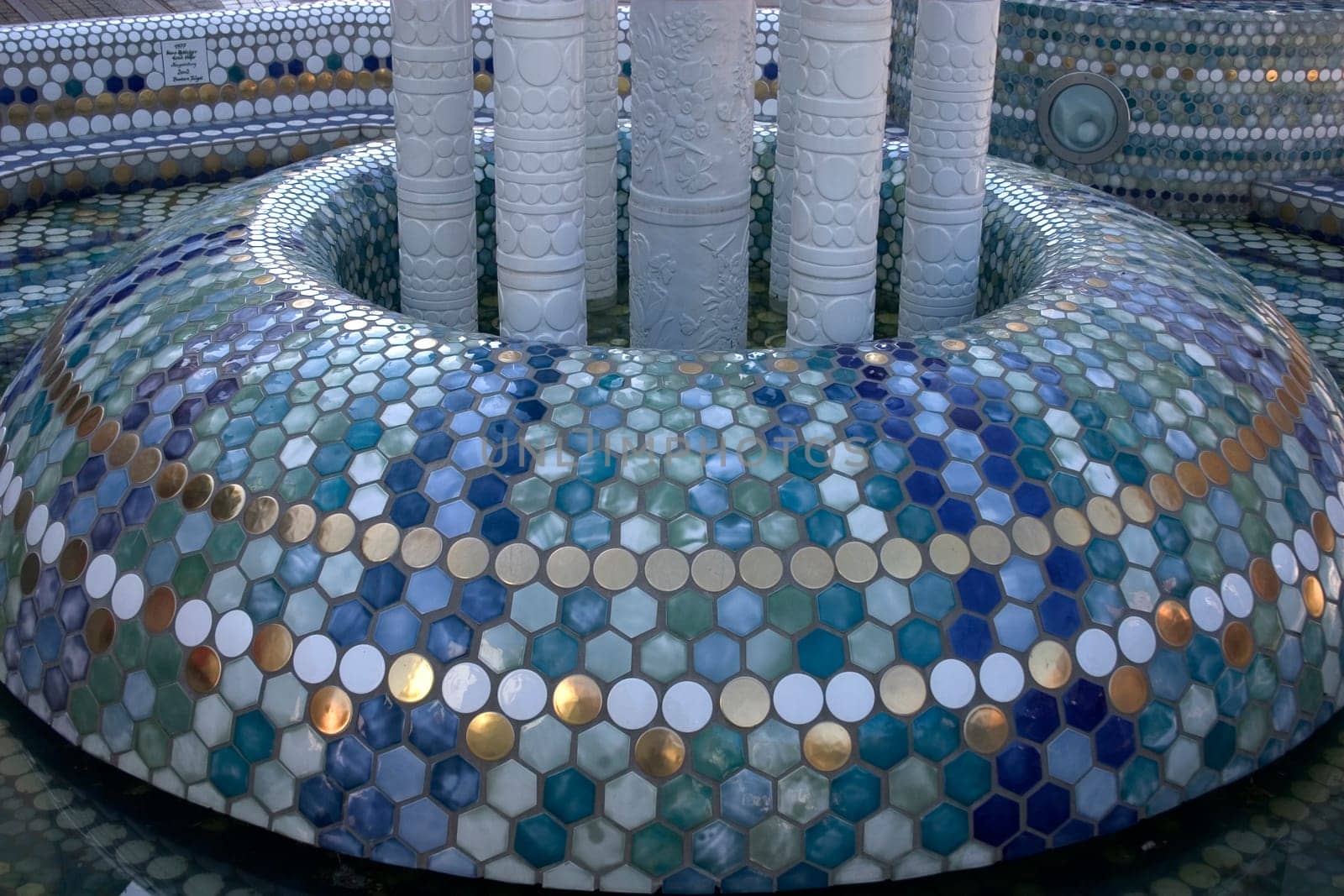 The porcelain fountain in the city of porcelain - Selb,Martin-Luther-Platz. The porcelain fountain,redesigned in 2003 by the porcelain manufactory Barbara Flügel,which sets a striking spotlight in fresh blue and turquoise tones and its ed
