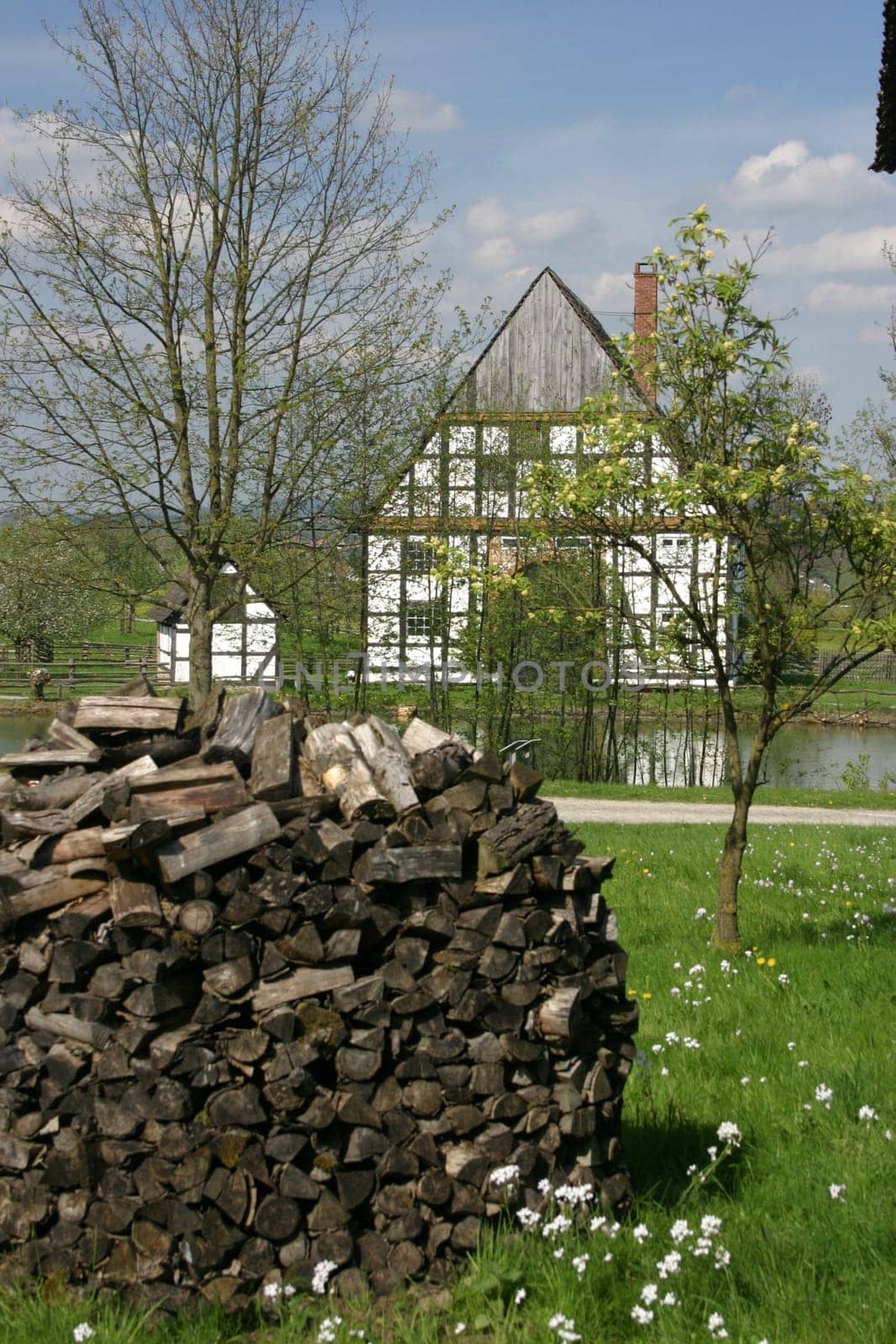 Wooden fin in front of farmhouse